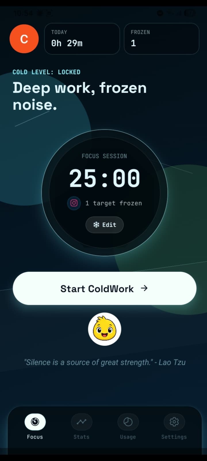 ColdWork Android app showing an active focus session